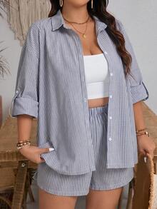 SHEIN Frenchy 大尺碼女款秋季返校條紋捲袖襯衫短褲套裝 - 藏蓝色 - 查看 7