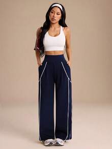 Dewbera Dewbera Contrast Trim High Waist Sports Pants - Blue - View 8
