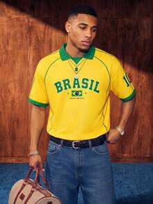 Aesthetic Post 復西隊經典黃綠條紋 Polo 衫，美國 BRASIL 10 號印花球衣，男女款圖案 T 恤，男士夏季時尚休閒運動衫，足球，足球用品 - 彩色 - 查看 3