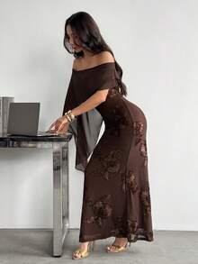 SHEIN PETITE 女款法式優雅刺繡網紗露肩洋裝 - 咖啡棕 - 查看 5