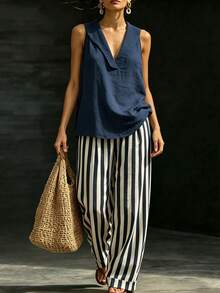 Linhara CURVE Plus Size Vacation Casual Sailor Tank Top Striped Pants 2 Pieces Set Brunch Formal Navy Blue Summer - Blue and White - View 6