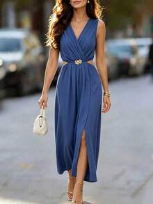 SHEIN Women's Sleeveless Long Dress With Metal Waist Decoration And Cutout Design - Blue - View 1