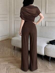 Celisse Women's Solid Color Contrast Mesh Short Sleeve Elegant Jumpsuit - Coffee Brown - View 2