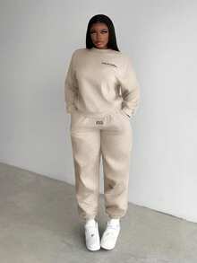 Slaydiva 1 Set Casual Grey Slogan Printed Round Neck Long Sleeve Sweatshirt And Slogan Printed Sweatpants - Apricot - View 4