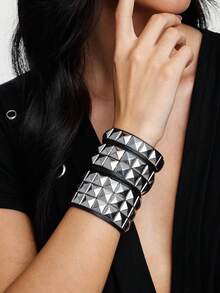 Kryxie 3pcs Punk Rivet Leather Bracelet Set, Unisex, 80s Rivet Cuff, Gothic Punk Rock Spike Bracelet, Metal Material - Style B: 3PCS - View 1