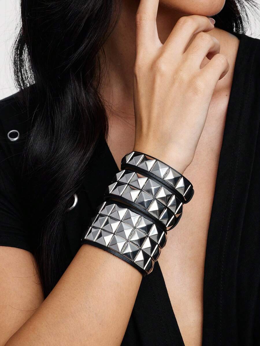 Kryxie 3pcs Punk Rivet Leather Bracelet Set, Unisex, 80s Rivet Cuff, Gothic Punk Rock Spike Bracelet, Metal Material - Style B: 3PCS - View 1