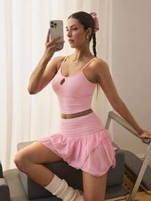 Eassivo Ruffle Hem Asymmetrical Skort - Pink - View 1