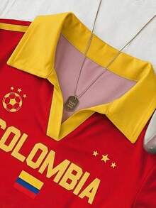 SHEIN EZwear Women's Summer Casual Athleisure Colorblock Patchwork Letter Print T-Shirt Travel Vacation Red And Yellow - Multicolor - View 3