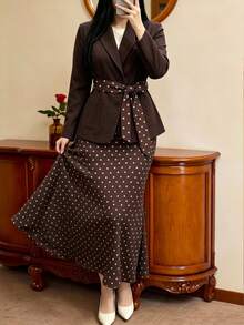 SHEIN Clasi Brown Suit Polka Dot Mermaid Skirt With Single-Breasted Two-Button Same-Color Round Buttons, Symmetrical Front Patch Pockets Design, Vintage Commuter Details Plus Size 2 Pieces Set - Coffee Brown - View 5