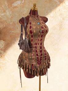 Amplova Bohemian Style High Neck Asymmetrical Ruffle Hem Cinched Waist Mini Dress - Multicolor - View 4