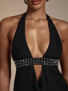 Hauture Women's Black Summer Techno Club Night Rave Mini Dress, Deep Cowl Plunge Neck Backless Rhinestone Embellished Ruched Fitted Body Shaping Outfit - Black - View 5