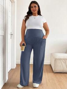 Plussiva Plus Size Maternity Solid Color Adjustable Waistband Pants With Pockets - Grey - View 3