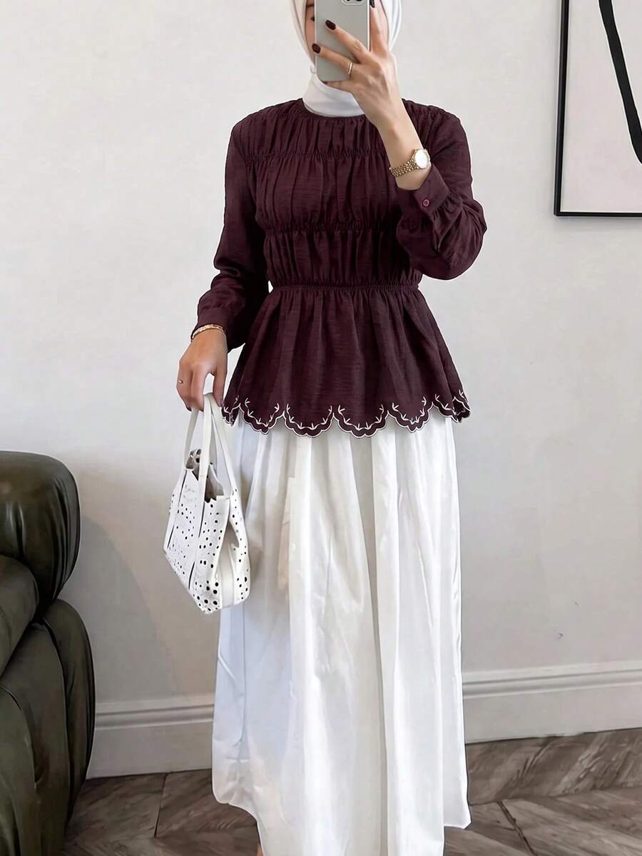 Solavon Women's Round Neck Long Sleeve Pleated Casual Blouse - Coffee Brown - View 1