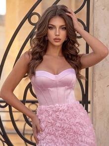 Poshira Women's 3D Floral Decor Elegant Waist-Defining Cocktail Strapless Dress - Pink - View 6
