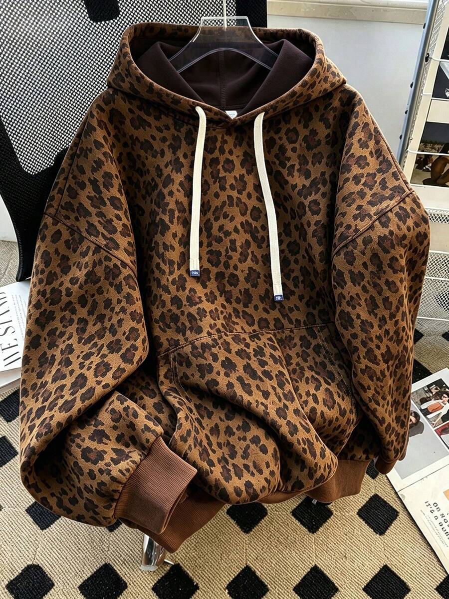 INAWLY 女款豹紋連帽運動衫 - 咖啡棕 - 查看 1