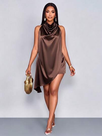 SOLERSUN Women's Sexy Coffee Brown Satin Halter Neck Jumpsuit Draped Stacked Collar, Backless Tie Bow Asymmetric Ruffle Hem, Party Club Night Out Summer