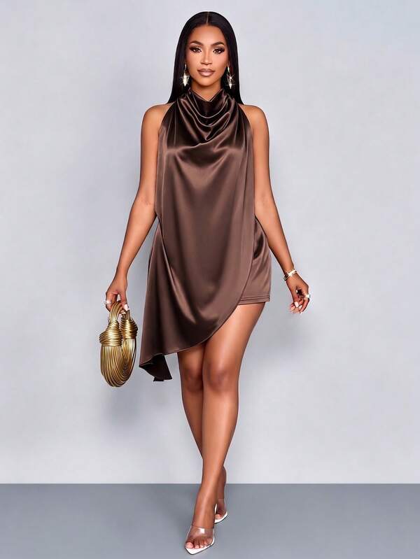 SOLERSUN Women's Sexy Coffee Brown Satin Halter Neck Jumpsuit Draped Stacked Collar, Backless Tie Bow Asymmetric Ruffle Hem, Party Club Night Out Summer