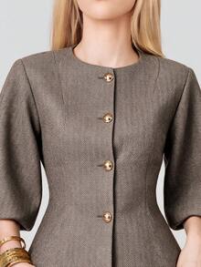 PRISCILA ESCOTO PRISCILA ESCOTO Elegant Retro French Style Women's Romantic Date High-End Design Herringbone Round Neck Cropped Balloon Sleeve Cinched Waist Matel Button Blazer Fall - Multicolor - View 3