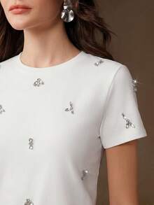 Anewsta New Modern Fashion Round Neck Simple Elegant Rhinestone Embellished Design Women's T-Shirt - White - View 3