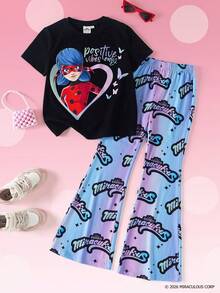 Miraculous Ladybug X SHEIN Set med rundhalsad kortärmad t-shirt med tecknad karaktärstryck och byxor med bokstavstryck för tween-flickor - Svart - Visa 1