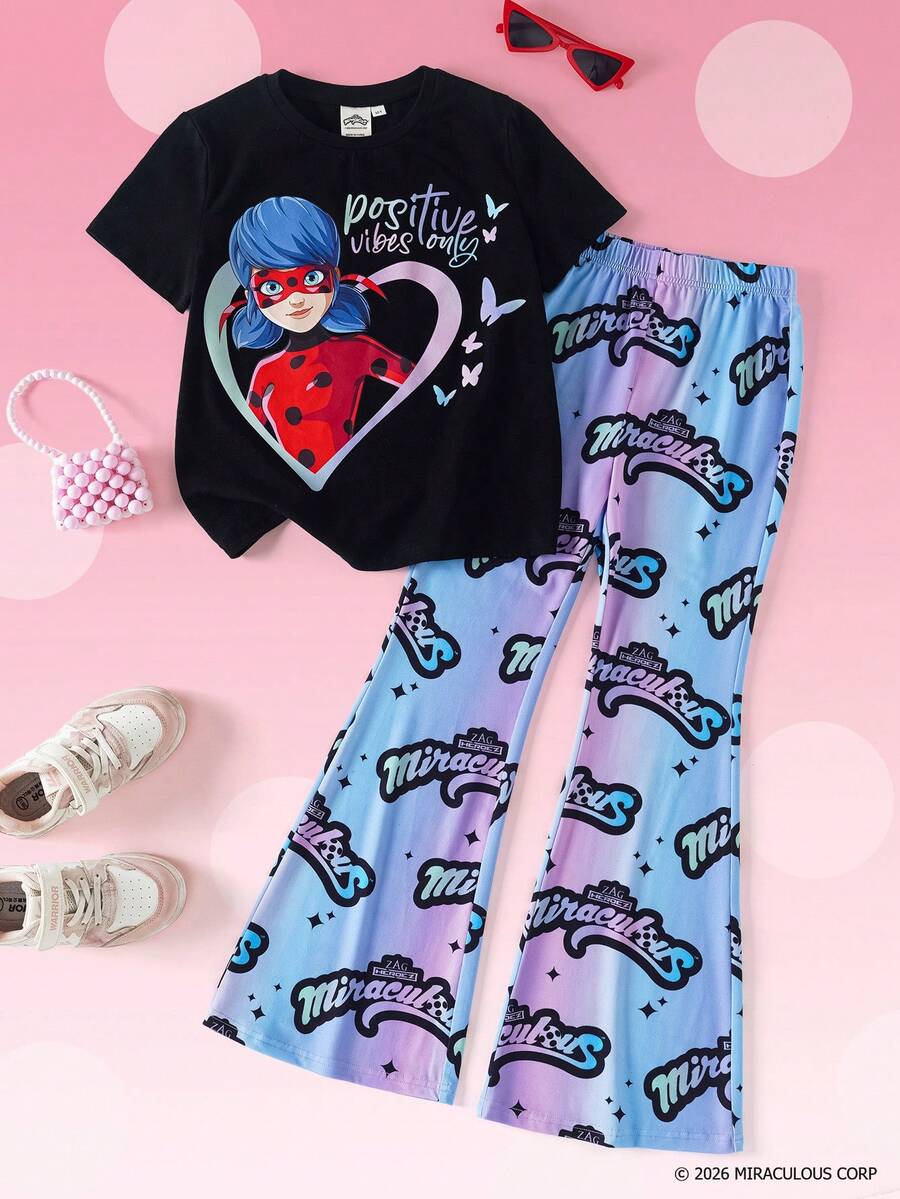 Miraculous Ladybug X SHEIN Set med rundhalsad kortärmad t-shirt med tecknad karaktärstryck och byxor med bokstavstryck för tween-flickor - Svart - Visa 1