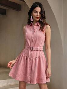 Anewsta Women's Summer Pink Dress, Fashionable Modern Structured Tank Top Collar Design With Belt, Denim Dress - Pink - View 4