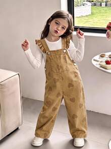SHEIN Vintaside Kids 1件女嬰藍色牛仔休閒可愛刺繡花卉吊帶連身褲，適合外出與派對 - 棕色 - 查看 1