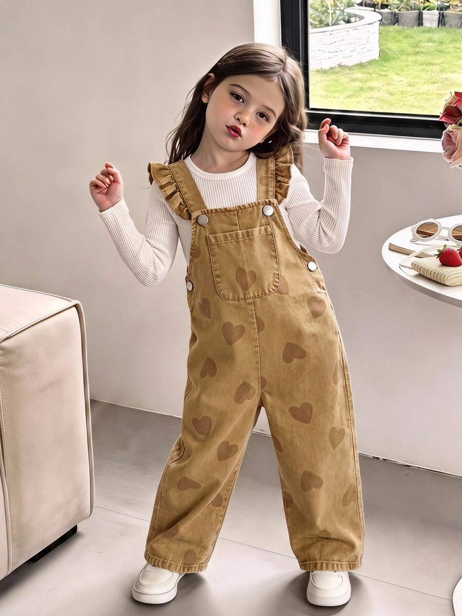 SHEIN Vintaside Kids 1件女嬰藍色牛仔休閒可愛刺繡花卉吊帶連身褲,適合外出與派對 - 棕色 - 查看 1