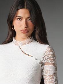 MISSGUIDED Floral Lace High Neck Long Sleeve Crop Top With Bell Cuffs Rhinestone Button Detail Semi Sheer Elegant Bodysuit Blouse - White - View 5