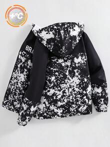 SHEIN 兒童青少年男孩休閒運動紮染潑墨印花連帽寬鬆長袖加厚保暖內裡連帽外套，適合秋冬，復古男孩外套，冬季上衣，冬季外套 - 黑色 - 查看 4