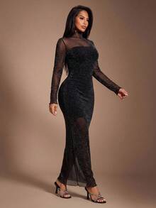 Radiana Women's Sexy Elegant Graceful Black Flocked Jacquard Mesh Dress, Long Sleeve Fitted Dress, High Neck Dress, Sheer Dress, Long Dress, Suitable For Date, Party, Cocktail, Club, Garden Afternoon Tea, Casual Outing - Black - View 6