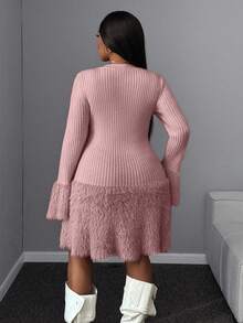 Maweii Plus Size Women Solid Color Elegant Fitted Fuzzy Heart Knitted Sweater Dress Winter - Pink - View 2