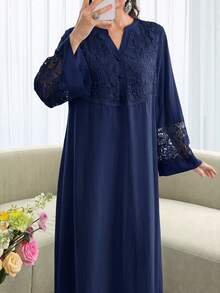Al Najma Spring/Summer Fashion V-Neck Flared Sleeve Patchwork 3D Embroidered Lace Trim Full Skirt Dress - Navy Blue - View 5