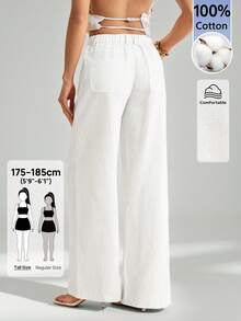 SHEIN Tall 100%水洗棉低腰直筒長褲，適合高個女性 - 白色 - 查看 2