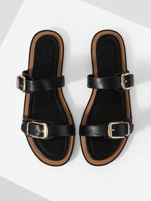 MOTF EUROPEAN STATION NEW FASHION BUCKLE FLAT BOTTOM ROUND TOE CASUAL VERSATILE COMFORTABLE LADIES SLIPPERS - Black - View 1