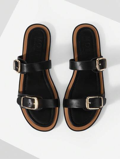 MOTF EUROPEAN STATION NEW FASHION BUCKLE FLAT BOTTOM ROUND TOE CASUAL VERSATILE COMFORTABLE LADIES SLIPPERS