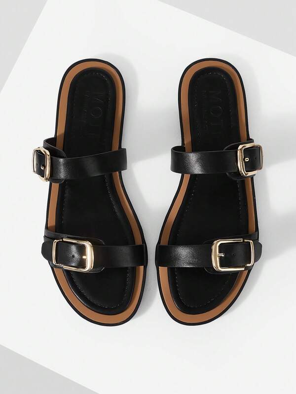 MOTF EUROPEAN STATION NEW FASHION BUCKLE FLAT BOTTOM ROUND TOE CASUAL VERSATILE COMFORTABLE LADIES SLIPPERS