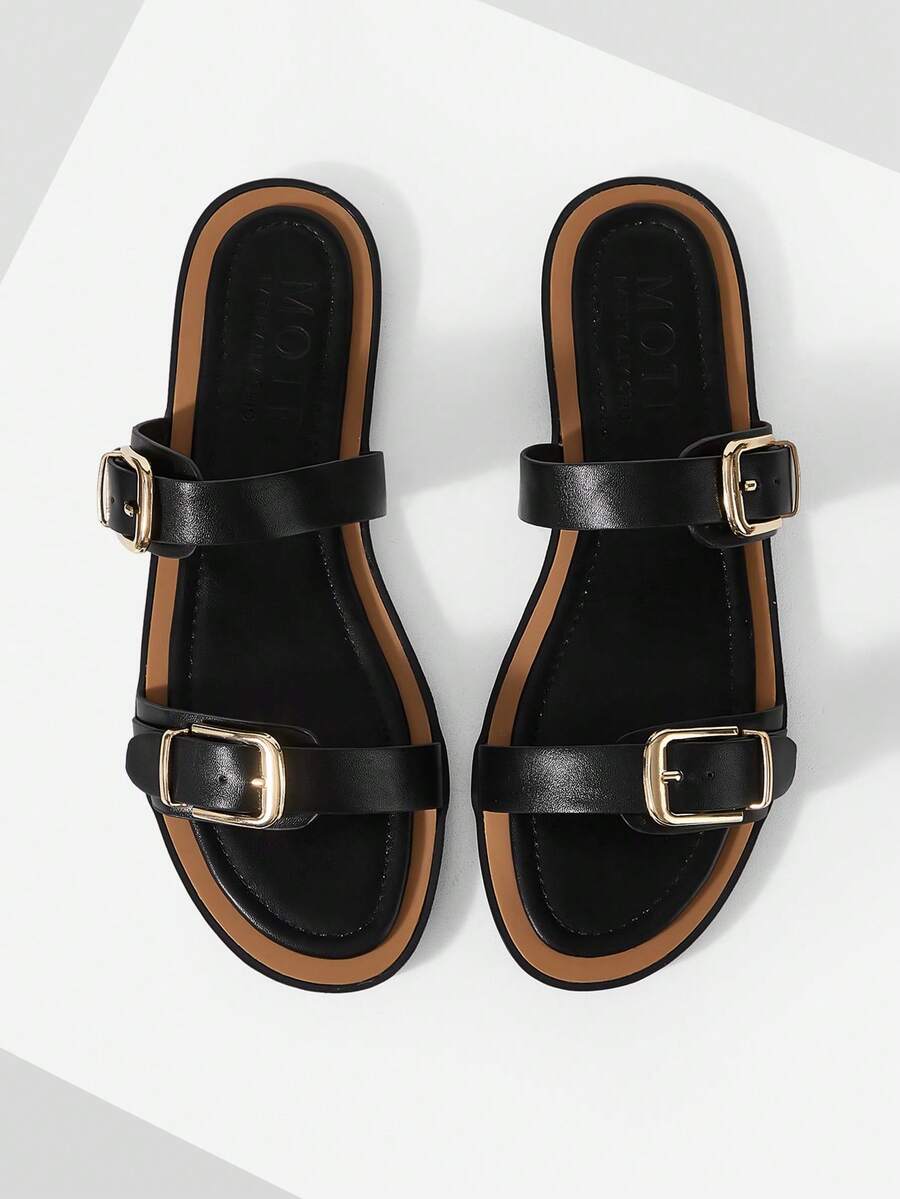 MOTF EUROPEAN STATION NEW FASHION BUCKLE FLAT BOTTOM ROUND TOE CASUAL VERSATILE COMFORTABLE LADIES SLIPPERS - Black - View 1