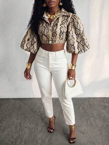 BamGlimmer Women's Fashion Commute Snake Skin Print Lantern Sleeve Cropped Blouse - Multicolor - View 5