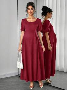 Momance Comfortable Asymmetrical Shoulder Ruched Waist A-Line Elegant Romantic Maternity Dress - 酒紅色 - 查看 3