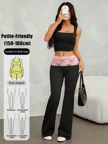 SHEIN PETITE Pantalones acampanados con cintura plegada y patchwork de encaje en color contrastante - Negro - Ver 6