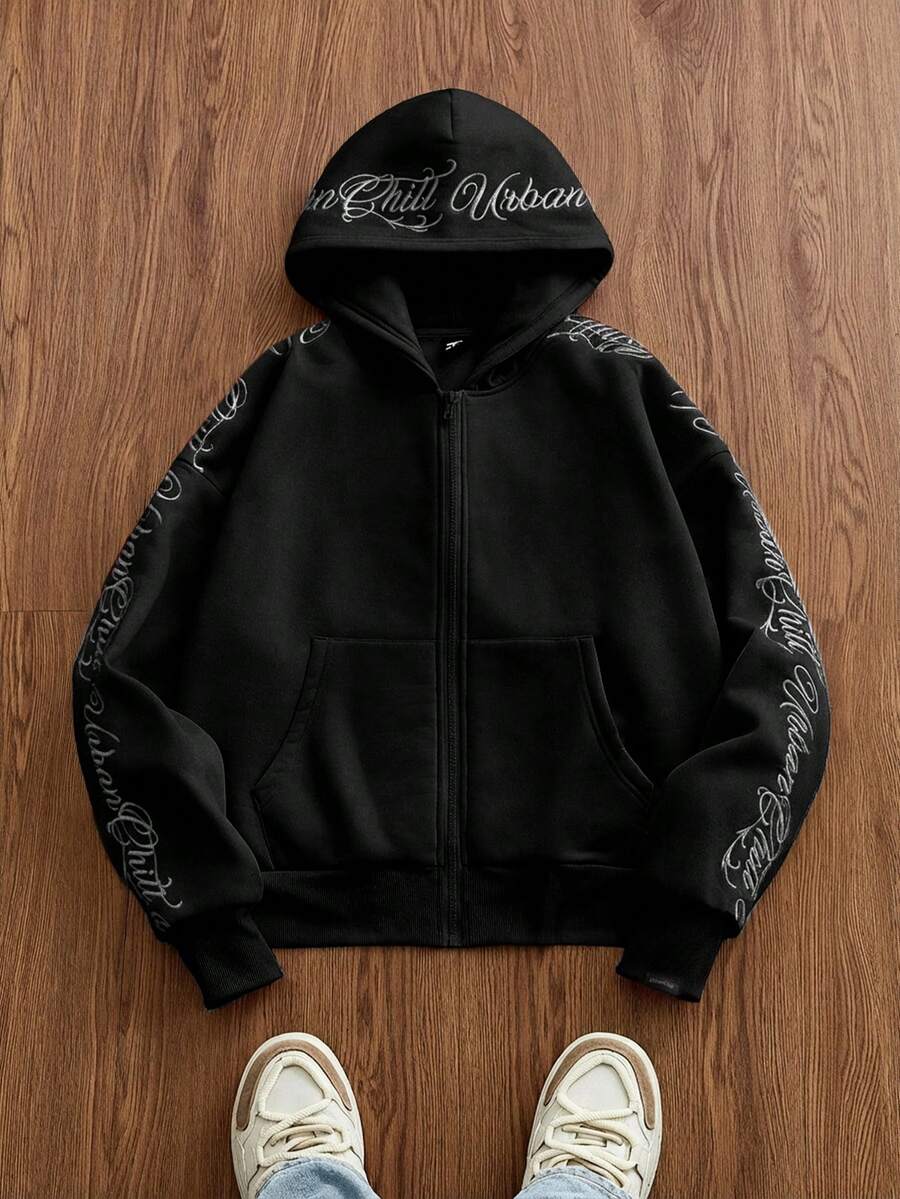 SWAVVY Men's Letter Print Long Sleeve Zip-Up Casual Hooded Sweatshirt, Spring, Y2K, Thermal Lined - Black - View 1