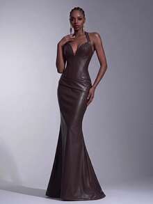Elitara Elegant Fashionable Coffee Brown Faux Leather Halter Neck Corset Mermaid Dress Backless Bodycon Sweetheart Floor Length Prom Wedding Formal Gown - Coffee Brown - View 1