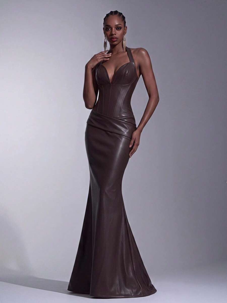 Elitara Elegant Fashionable Coffee Brown Faux Leather Halter Neck Corset Mermaid Dress Backless Bodycon Sweetheart Floor Length Prom Wedding Formal Gown - Coffee Brown - View 1