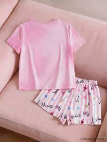 Miraculous Ladybug X SHEIN Tween Girls Cartoon Print Crew Neck Short Sleeve Casual Comfortable Pajama Set - Pink - View 2