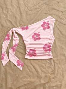 Soleia 女款休閒度假可愛仿真刺繡花卉印花不對稱領綁帶上衣，日常通勤穿搭，無胸墊 - 彩色 - 查看 2