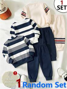 SHEIN 1 Random Set, Minimalist Casual Logo Striped Element Graphic Print Crew Neck Long Sleeve Sweatshirt With Logo Striped Print Long Sweatpants - Multicolor - View 2