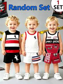 SHEIN Playful Pals 隨機 3 款發 1 套 小男孩休閒簡約條紋 Logo 圖案印花背心與 Logo 圖案印花短褲套裝，適合夏季外出 - 彩色 - 查看 3