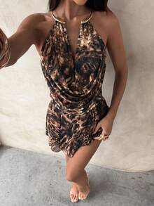 Aloruh 女款豹紋性感約會派對迷你掛脖洋裝 - 棕色 - 查看 5