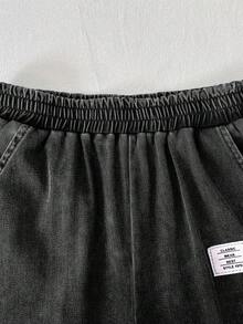 SHEIN Tween Girl Round Neck Short Sleeve T-Shirt And Pocket Long Pants Denim Set - Black - View 3